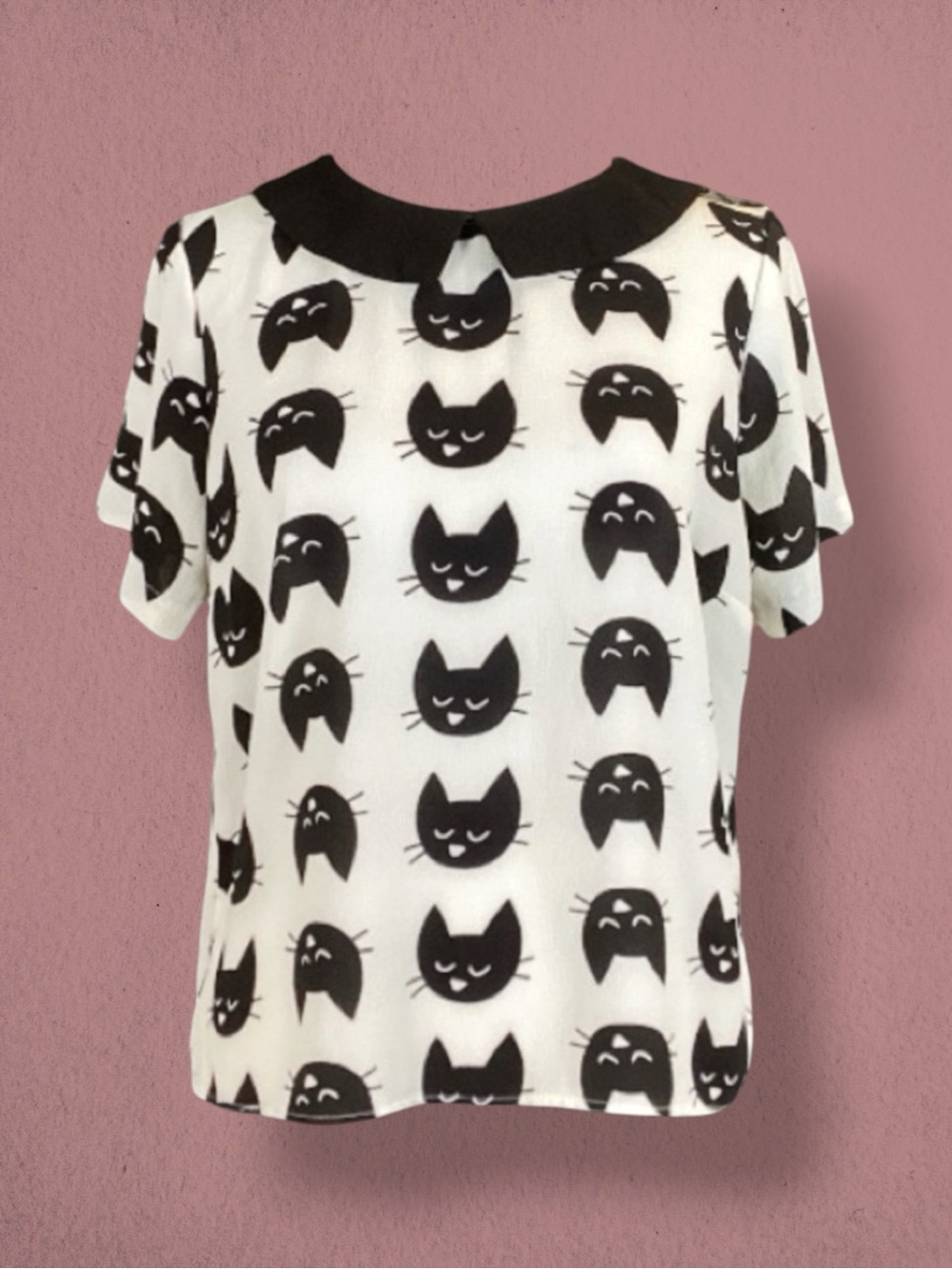 Lily White Top Black White Blouse Cat Print Peter Pan Collar Casual Kawaii M